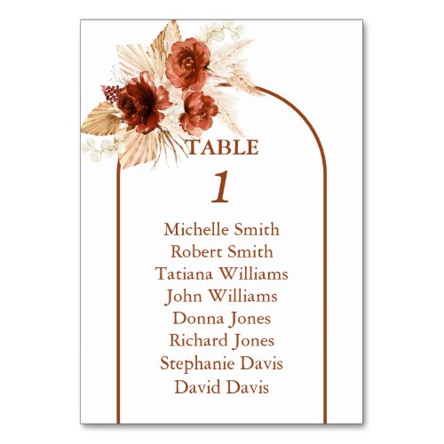 Boho Arch Pampas Grass Floral Terracotta Wedding Table Number