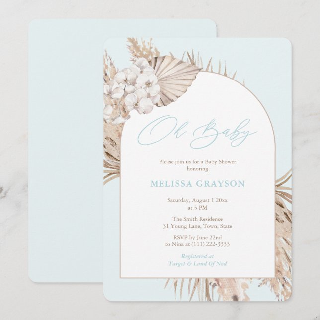 Boho Arch Pampas Grass Light Blue Boy Baby Shower Invitation (Front/Back)