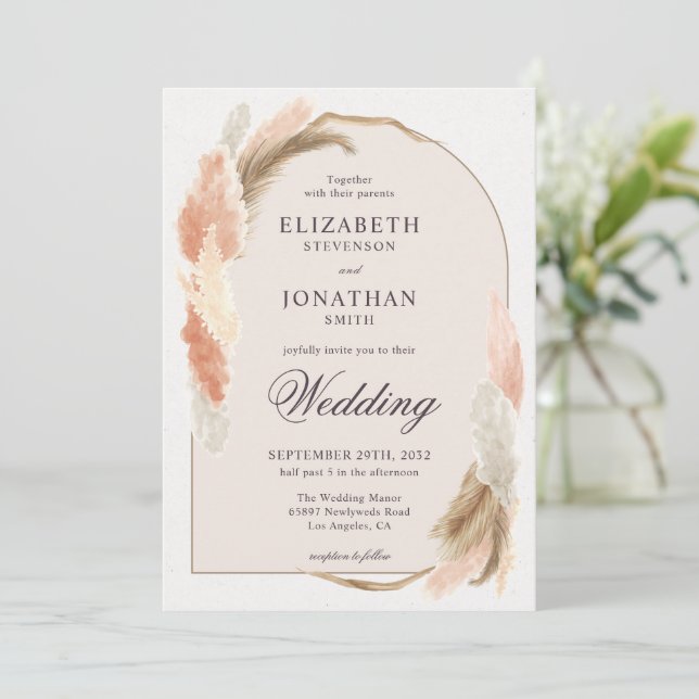 Boho arch pampas grass modern wedding invitation (Standing Front)