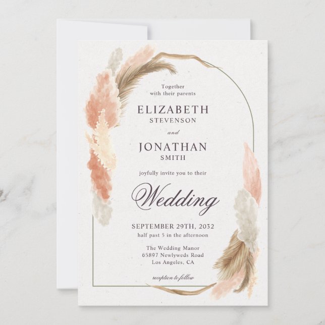 Boho arch pampas grass modern wedding invitation (Front)