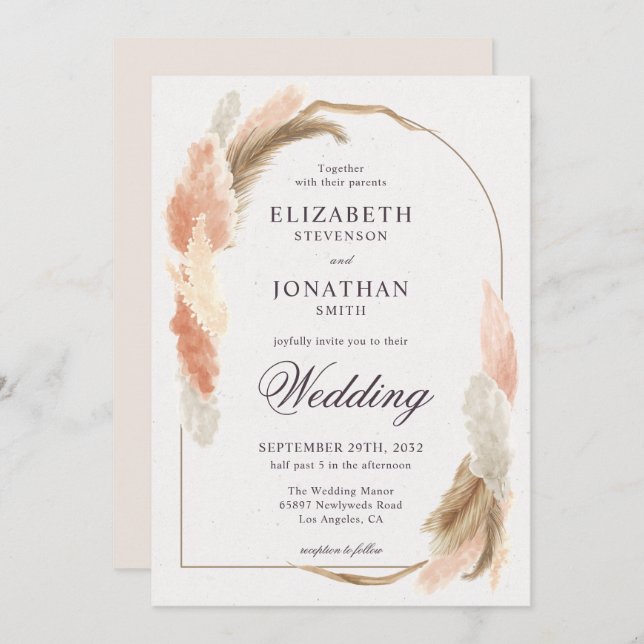 Boho arch pampas grass modern wedding invitation (Front/Back)