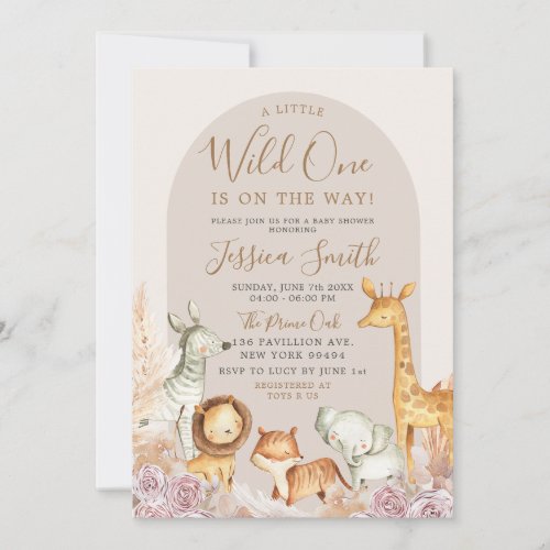 Boho Arch Pampas Grass Safari Wild One Baby Shower Invitation