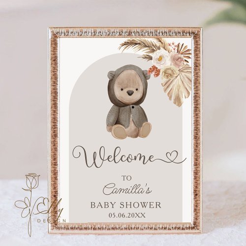  Boho Arch Pampas Grass Teddy Bear Baby Shower  Poster