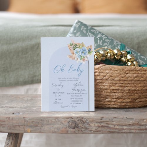 Boho Arch Pampass Grass Floral Oh Boy Baby Shower Invitation