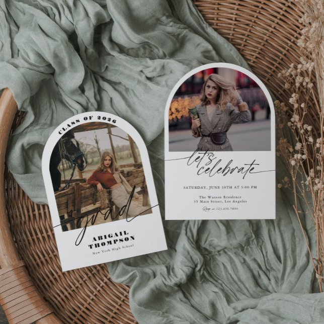 Boho Arch Photo Modern Script Graduation Invitation (Creator Uploaded)