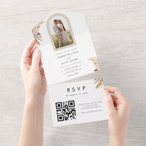 Boho Arch Photo Pampas Grass Floral Summer Wedding All In One Invitation