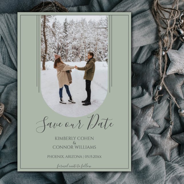 Boho Arch Photo Save the Date | Sage Green (Sage Green Arch Photo Save the Date)