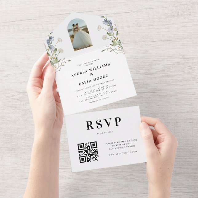 Boho Arch Photo Wildflowers & QR Code Wedding All In One Invitation (Tearaway)