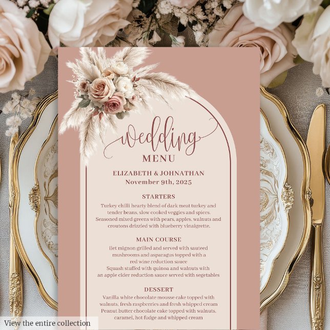 Boho Arch Powder Pink Pampas Floral Wedding Menu (Boho Arch Powder Pink Pampas Floral Wedding Menu)