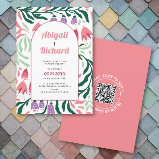 Boho arch retro branches, flowers QR code wedding Invitation