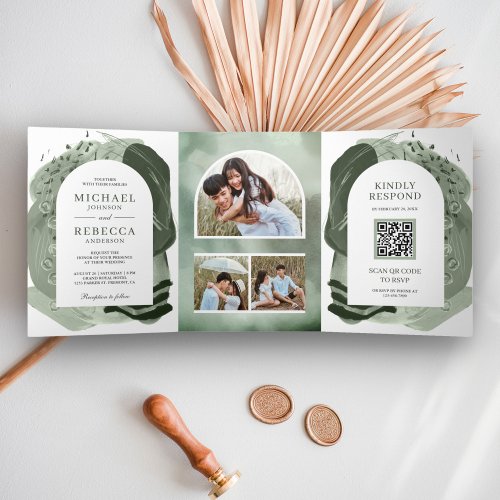 Boho Arch Sage Green Brush Strokes QR Code Wedding Tri_Fold Invitation