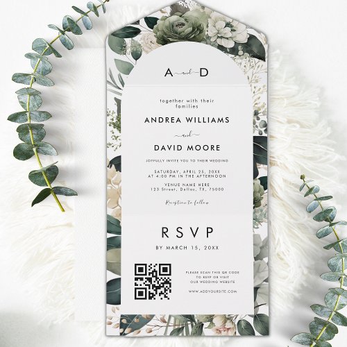 Boho Arch Sage Green Ivory Floral QR Code Wedding All In One Invitation