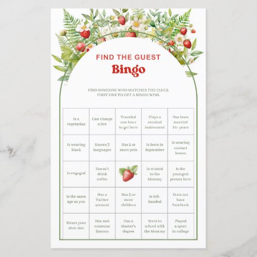 Boho Arch Strawberry Find The Guest Bingo game