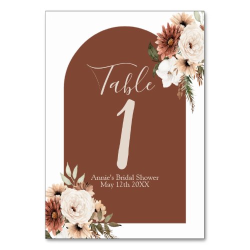 Boho Arch Terracota Floral Modern Table Number