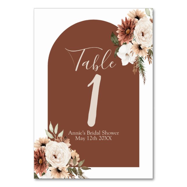 Boho Arch Terracota Floral Modern Table Number (Front)