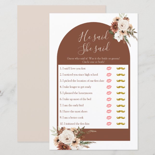 Boho Arch Terracota He said She said Games Card (Front/Back)