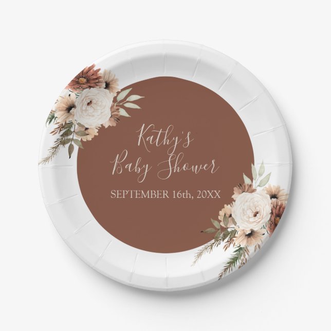 Boho Arch Terracota White Floral Party Paper Plates (Front)