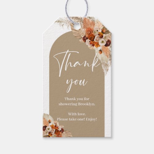 Boho arch terracotta copper pampas Baby Shower Gift Tags