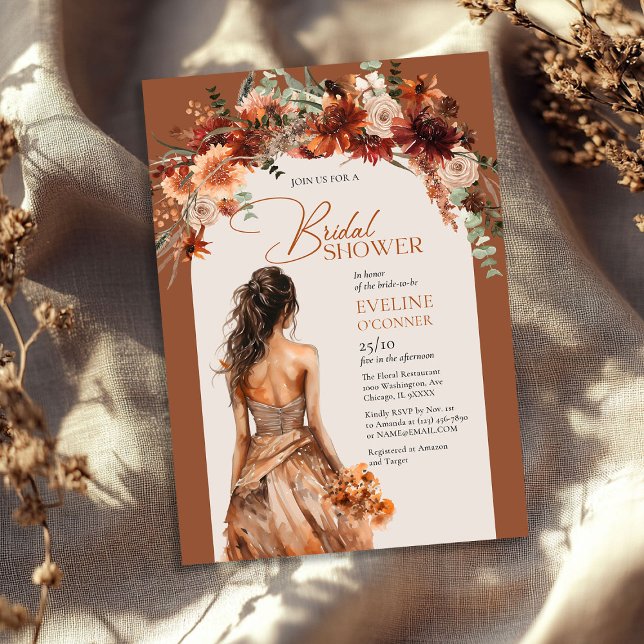 Boho arch terracotta fall floral bridal shower invitation (Boho arch terracotta fall floral wedding gown invitation)