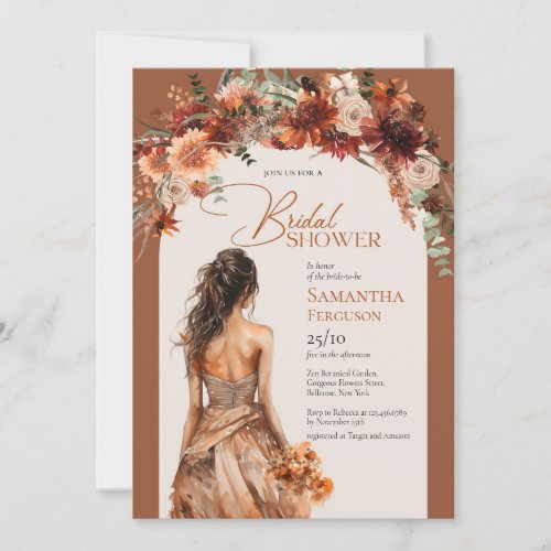 Boho arch terracotta fall floral wedding gown  invitation