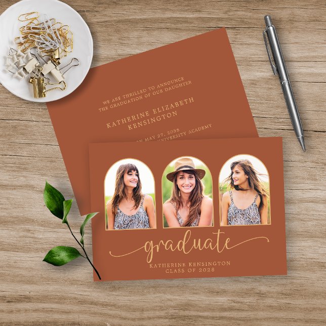 Boho Arch Terracotta Gold 3 Photo Graduation Invitation (Creator Uploaded)