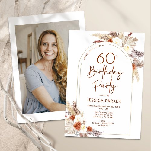 Boho Arch Terracotta Photo 60th Birthday Invitation