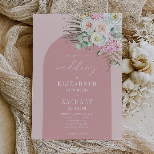 Boho Arch Tropical Floral Dusty Rose Wedding Invitation