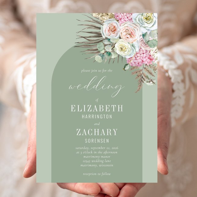 Boho Arch Tropical Floral Sage Green Wedding Invitation (Creator Uploaded)