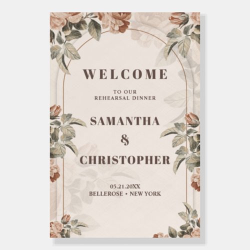 Boho arch vintage terracotta rose rehearsal dinner foam board