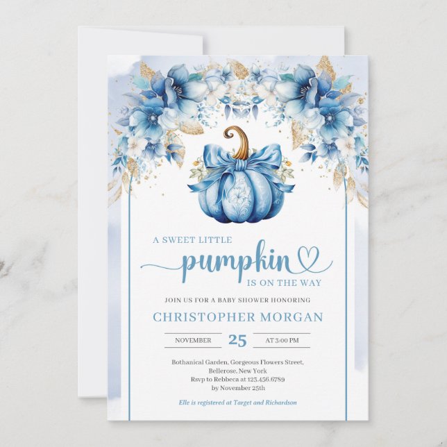 Boho arch watercolor blue pumpkin dusty blue gold invitation (Front)