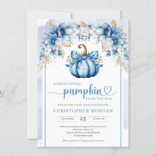 Boho arch watercolor blue pumpkin dusty blue gold invitation