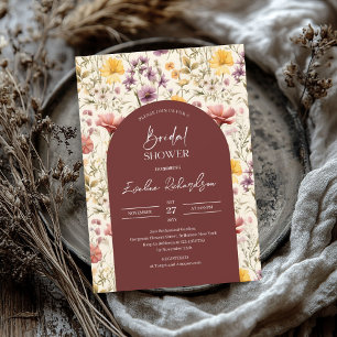 Boho arch watercolor burgundy yellow wildflowers invitation
