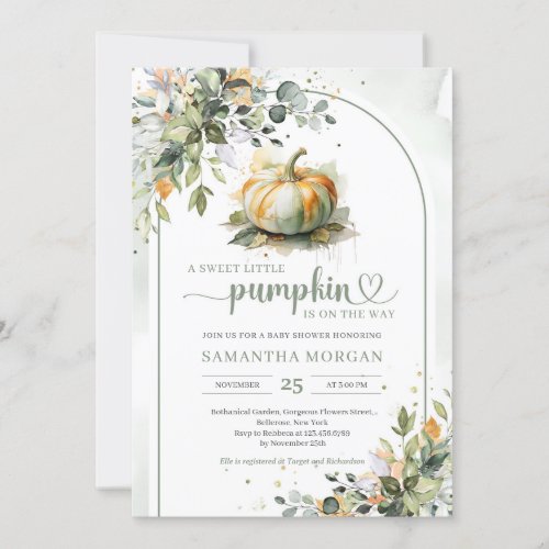 Boho arch watercolor green pumpkin eucalyptus gold invitation