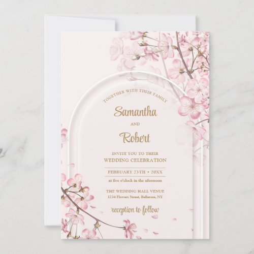 Boho arch watercolor soft pink cherry blossom gold invitation