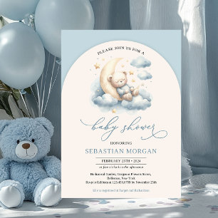 Boho arch watercolor teddy bear blue and ivory invitation