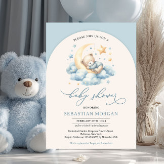 Boho arch watercolor teddy bear over the moon boy invitation