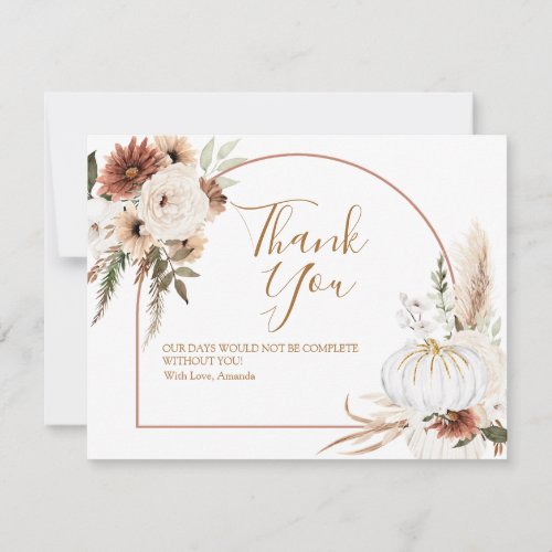 Boho Arch White Pumpkin Floral Baby Shower Thank You Card