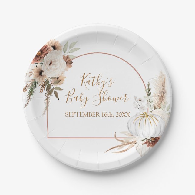 Boho Arch White Pumpkin Floral Party Paper Paper Plates (Front)