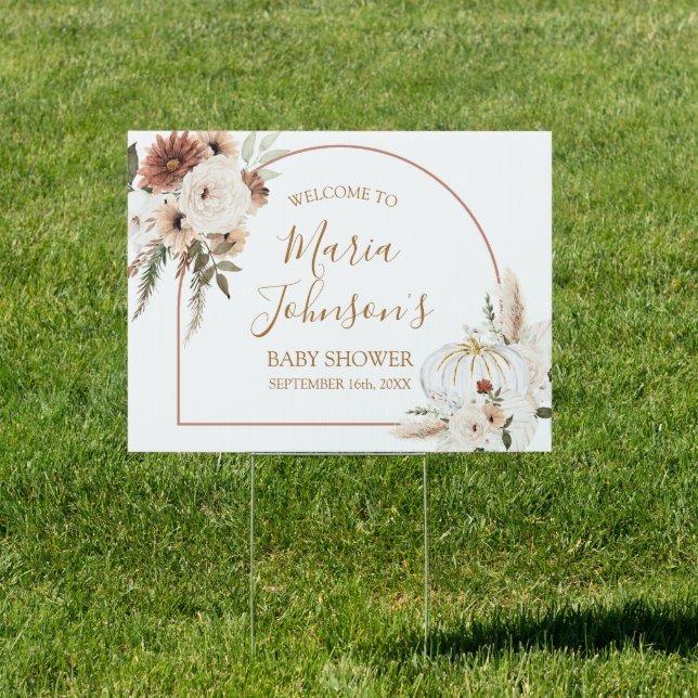 Boho Arch White Pumpkin Floral Welcome Banner Sign (Insitu)