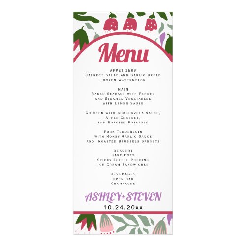 Boho arch with folklore flowers wedding menu card