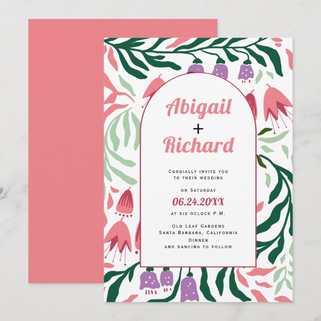 Boho arch with retro branches and flowers wedding invitation (Front/Back)