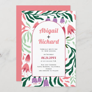 Boho arch with retro branches and flowers wedding invitation