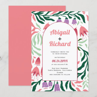 Boho arch with retro branches and flowers wedding invitation