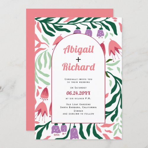 Boho arch with retro branches and flowers wedding invitation