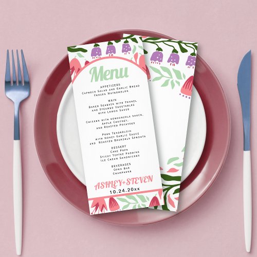 Boho arch with retro flowers wedding menu card