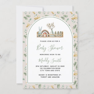Boho Arch Wood Toys Green Rainbow Baby Shower Invitation