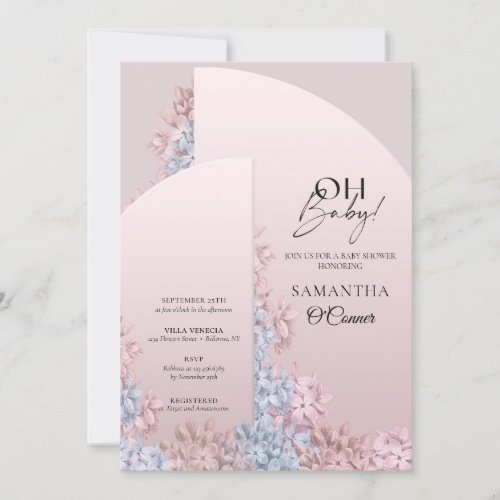 Boho arched frame powder pink hyacinths oh baby invitation