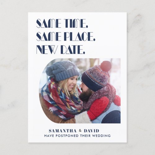 Boho Arched Photo Postponement Wedding Announcement Postcard