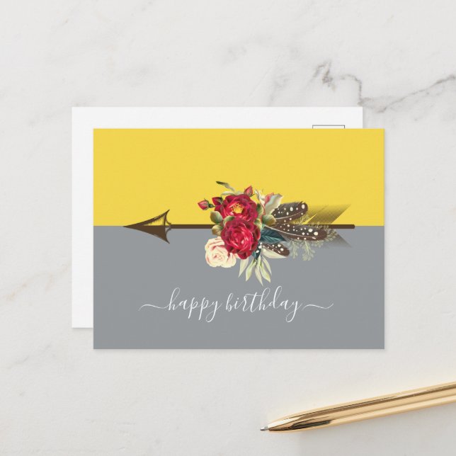 Boho Arrow Colorblock Birthday Postcard (Front/Back In Situ)