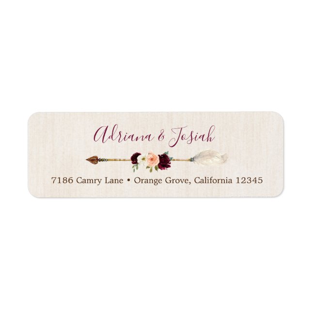 Boho Arrow Peach & Burgundy Rusic Floral Address Label (Front)